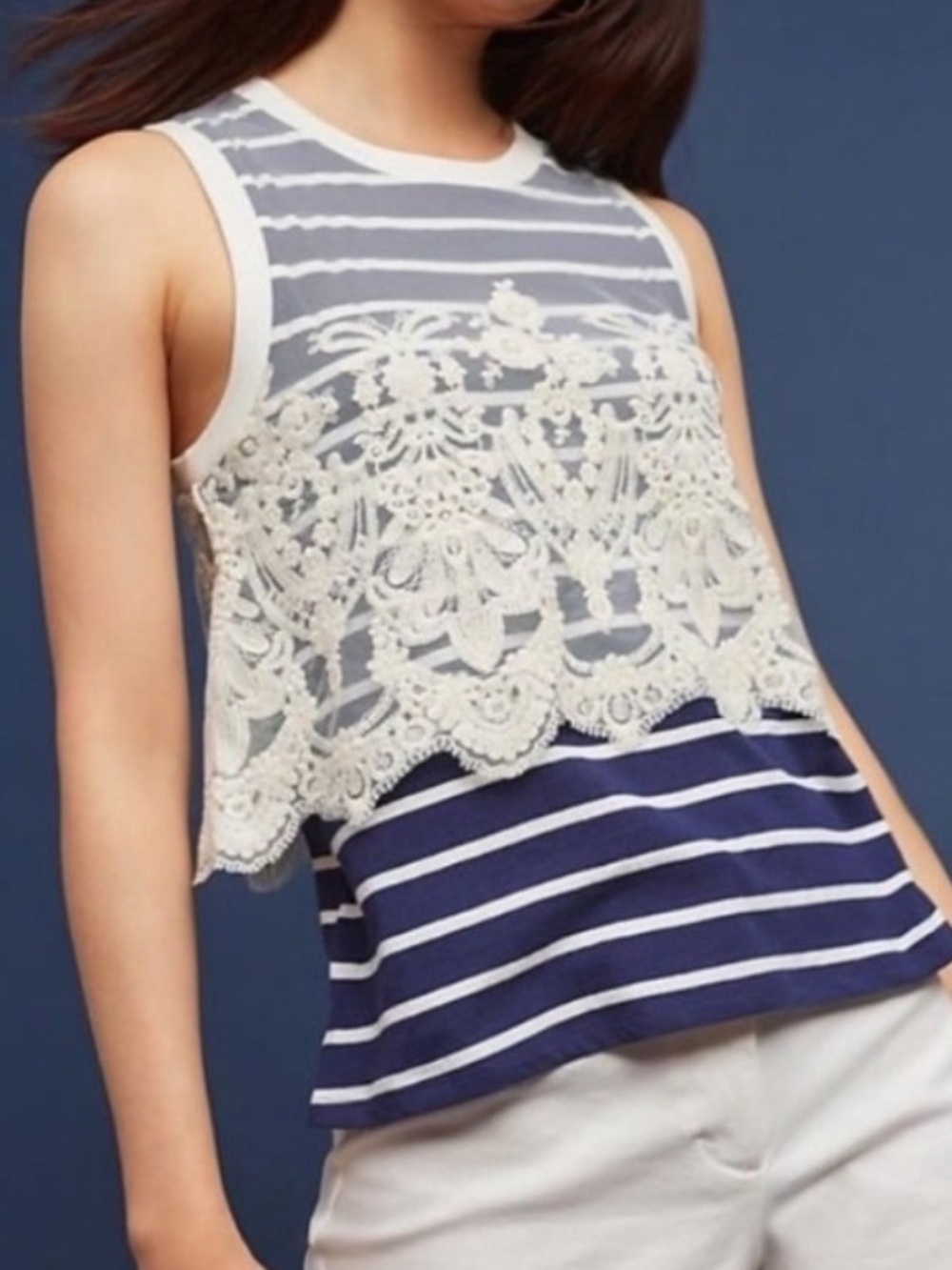 Anthropologie Postmark Lace Overlay Striped Tank Top XS